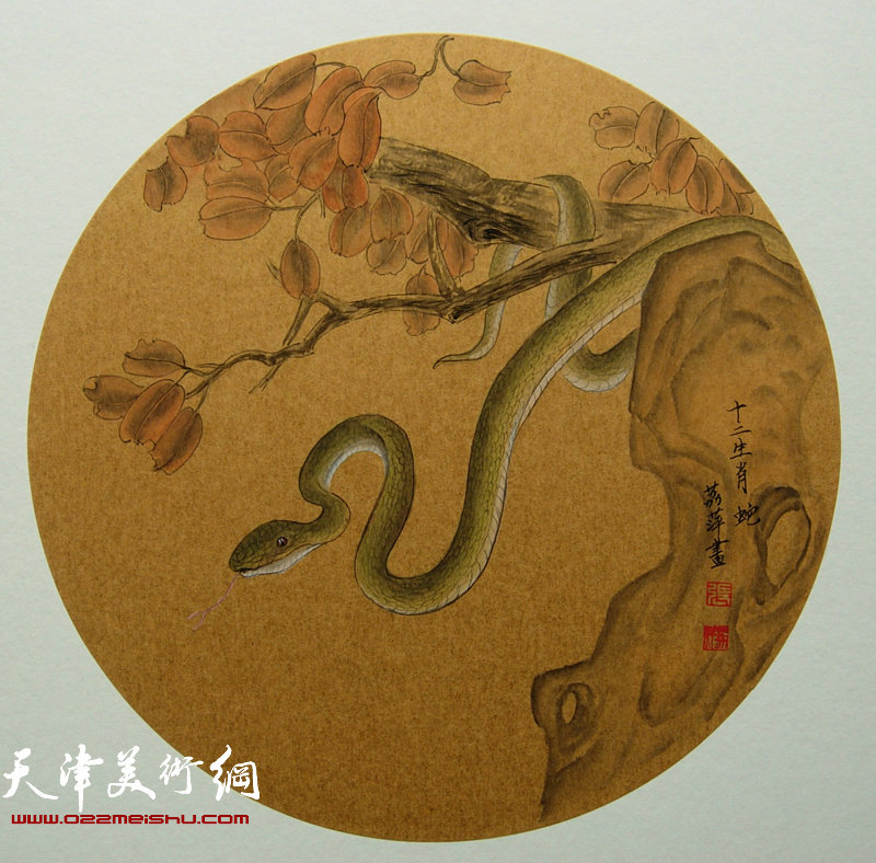 津冂女画家张荔萍工笔十二生肖图：蛇