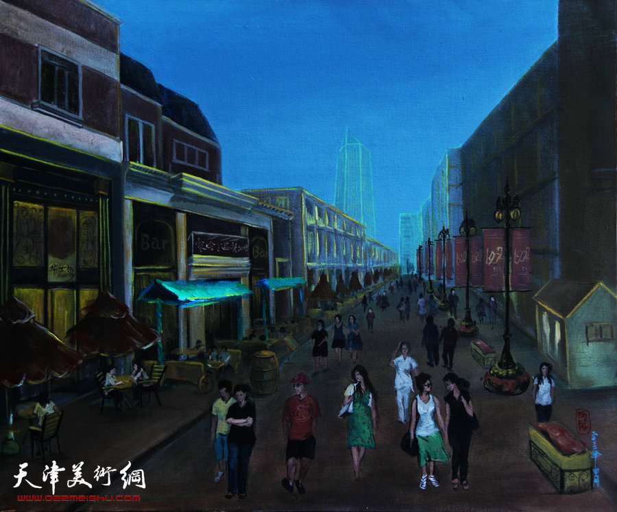 “对话自然”—何成油画作品展在津举行，图为何成创作的油画作品《1902欧式风情街》。