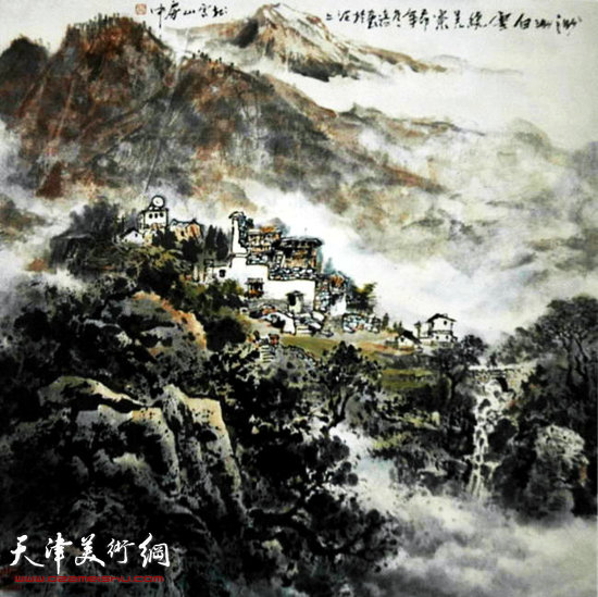 王连仲水墨山水写意作品:渺渺白纱绕羌寨