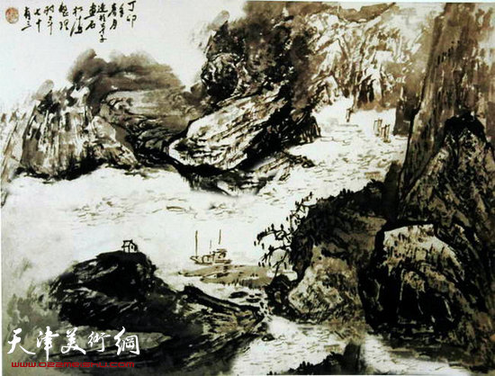 王连仲水墨山水写意作品:野渡无人舟自横