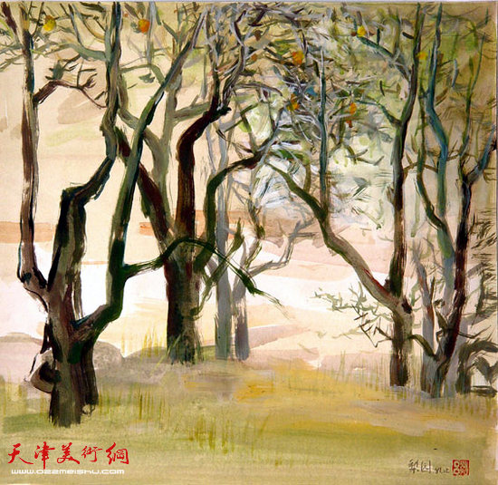 吕洪仁作品：梨园 创作年代：1981年 作品尺寸：37.5×36cm 作品描述：丙稀画