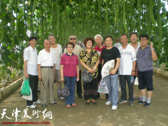 津门书画家慰问天津北戴河老年服务中心，图为参观集发生态农业园丝瓜长廊