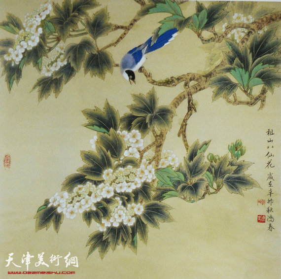 天津画家郭鸿春花鸟作品展在珠海大香山美术馆举行,图为画展展品。
