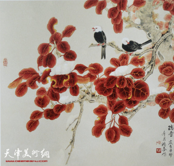天津画家郭鸿春花鸟作品展在珠海大香山美术馆举行,图为画展展品。