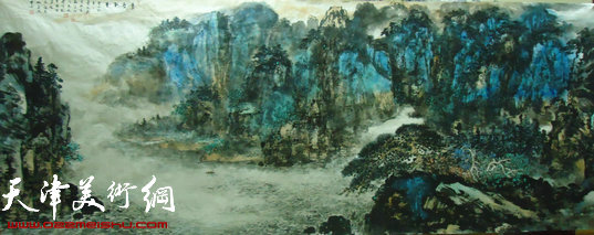 天津著名书画家秦克强赴霸州进行书画交流，图为巨幅山水画《万壑松风》。 