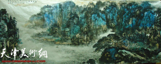 天津著名书画家秦克强赴霸州进行书画交流,图为巨幅山水画《万壑松风》。