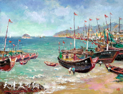 吕洪仁作品 舟山渔区的机帆船时代 布面油画