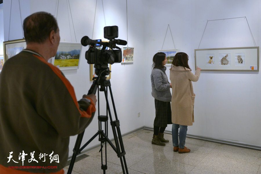 天津第七届水彩画展在财经大学艺术学院展馆举行，图为画展现场。