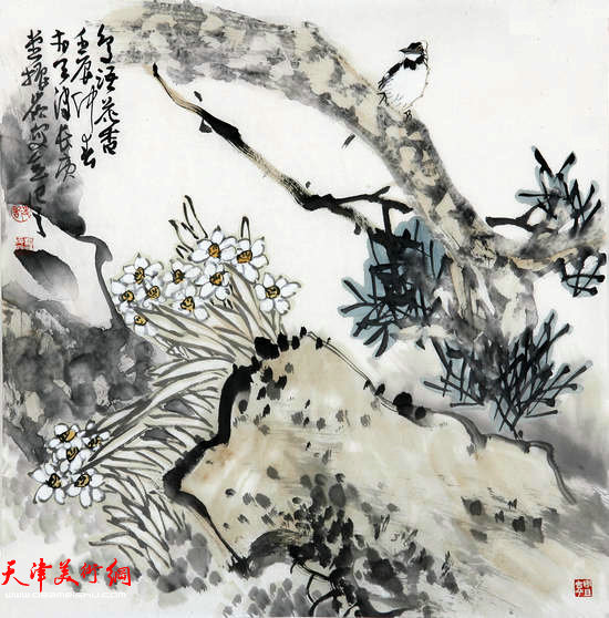 著名画家史振岭花鸟画：《鸟语花香》