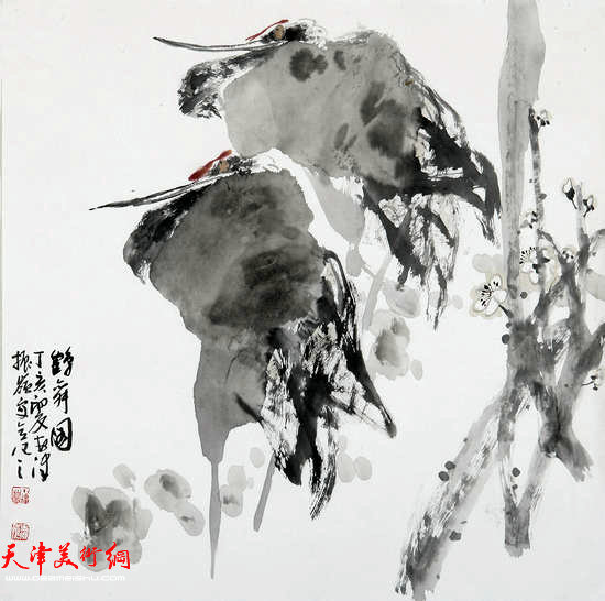 著名画家史振岭花鸟画：《鹤舞图》