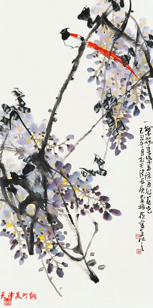 著名画家史振岭花鸟画：《繁花垂紫玉》