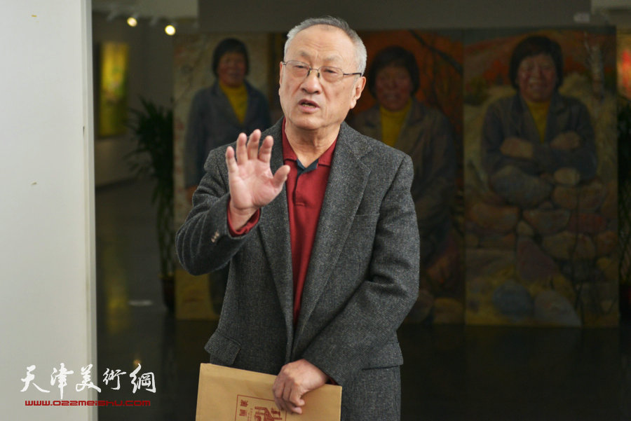 薛福顺油画展“从白洋淀到大天津”1月26日在津开幕，图为著名油画家张京生致辞。