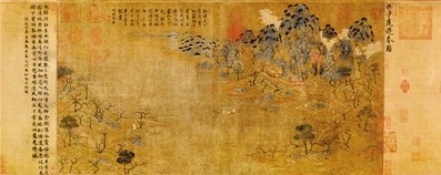 隋展子虔《游春图》卷（局部），绢本，画心纵43厘米，横80.5厘米，故宫博物院藏。