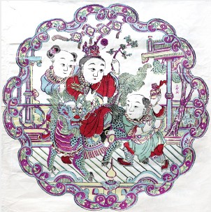 《麒麟送子》清代版，月光，彩色套印，纵54厘米，横52厘米，江苏桃花坞。