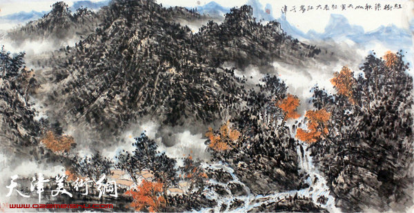 吕大江山水画作《红树染秋山》