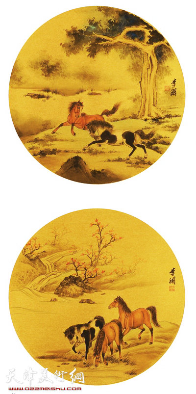 李澜作品：《古木龙影》（上）、《秋溪饮马》（下）