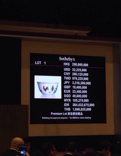 在香港苏富比2014春拍上，明成化 斗彩鸡缸杯以1.6亿港元起拍，2.5亿港元落槌，含佣金成交价为2.8亿港元，为上海藏家刘益谦竞得。