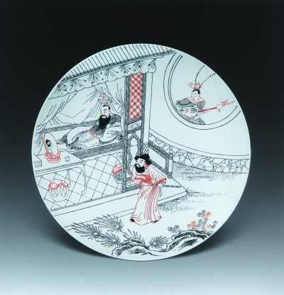   戏曲人物图（古彩白描瓷盘） 直径28厘米 1993年 胡美生