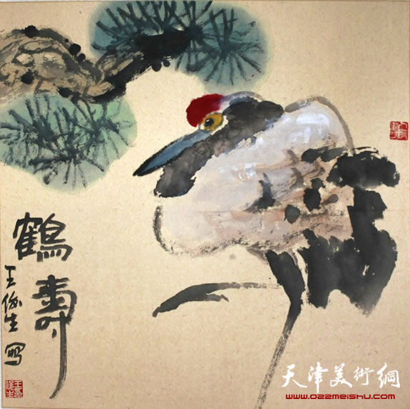 王俊生水墨画：《鹤寿》