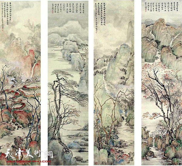 李旭飞山水画作品：青绿山水四条屏