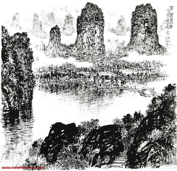焦俊华山水画作品：《芦笛晨曲》