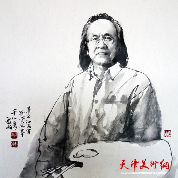 画家庞黎明为刘贵宾造像。