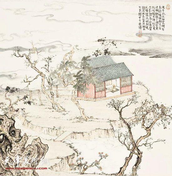 赵修作品：《佛寺孤庄碧水间》