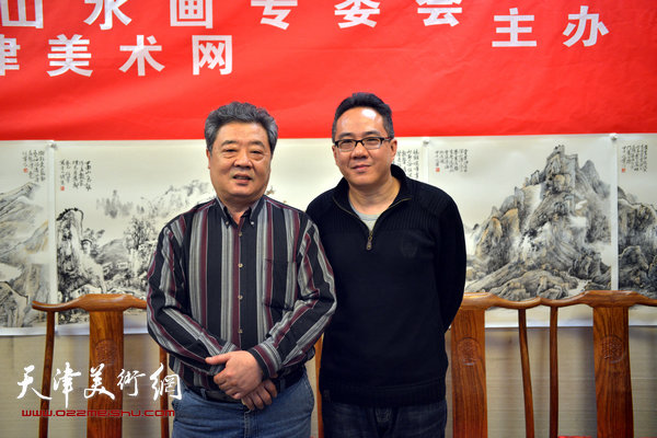 青年画家何宁山水画研讨会2月7日举行，图为王其华、何宁。