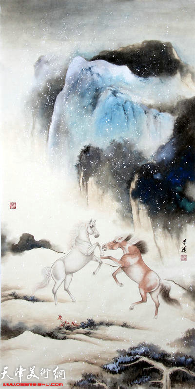 李澜2105雪景骏马图：嬉戏