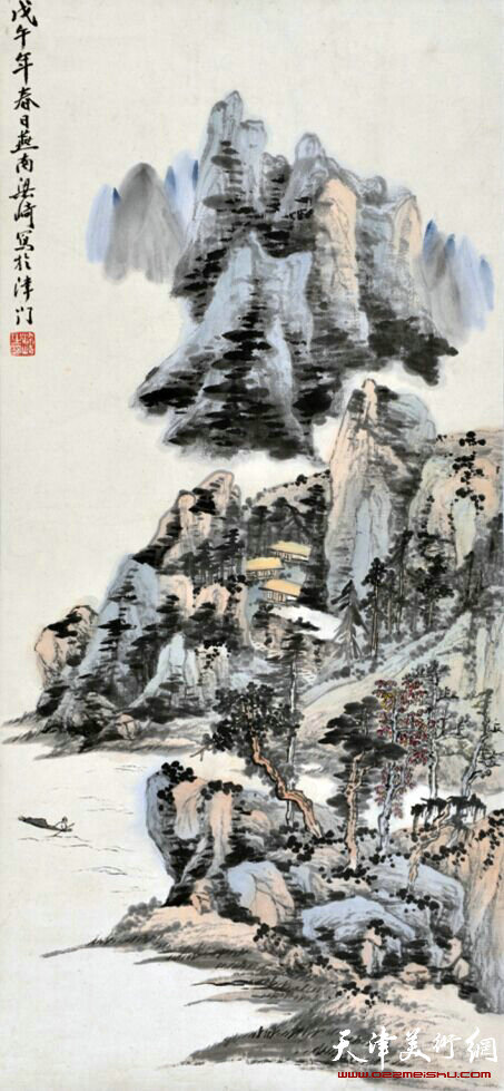 梁崎 山水人家 77×36cm