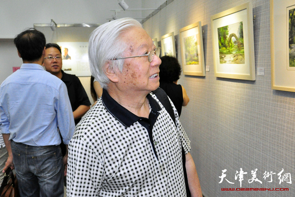 水绿江南—杨俊甫水彩风景写生画展在津开展，图为贺建国在展览现场。