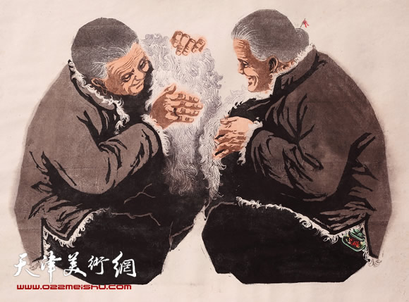 王绍棠作品《老姐俩》木版水印