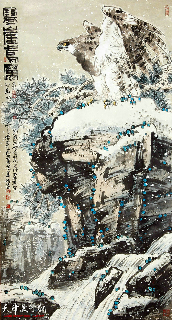 寒崖鸢厉（指画）3x6尺