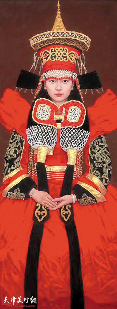 刘孔喜作品：《盛装的鄂尔多斯蒙古族少女》 130×50cm 木板·坦培拉绘画 2014年