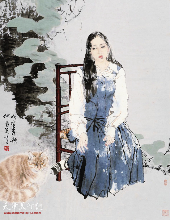 何家英 少女与猫 88.5×68cm