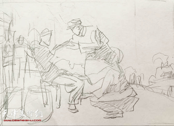 姜中立创作《红军医生龙思泉》草图。