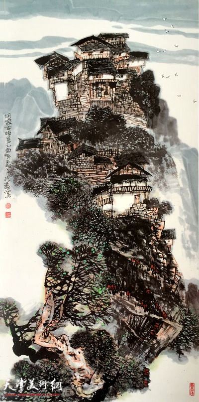 董振涛山水画作品：《侗家古明居》