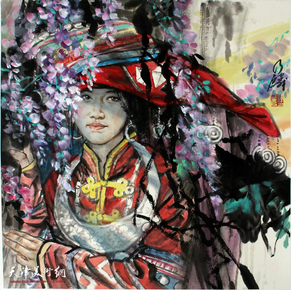 画家谭乃麟作品：《花间少女》 68CMX68CM