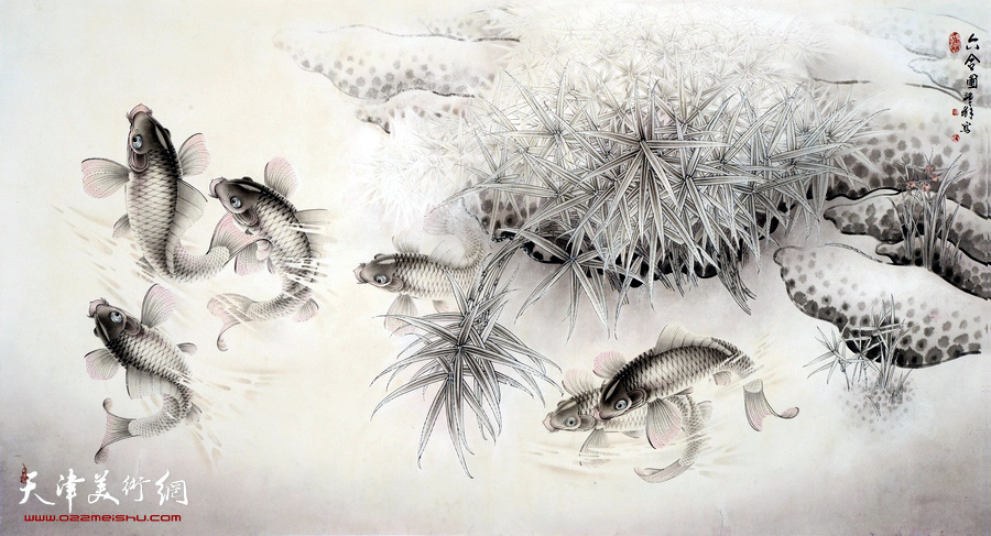 潘晓鸥鱼画：《六合图》欣赏180cm×120cm