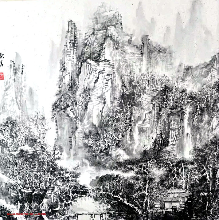 高原春《山居图》国画 45×45cm