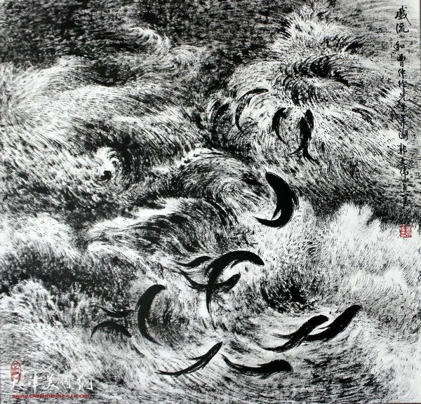 戏流（焦墨花鸟海洋画） 郭文伟作