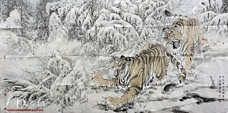 天津著名画家张佩钢、李学亮联袂创作大幅国画作品《虎踏林雪待春风》