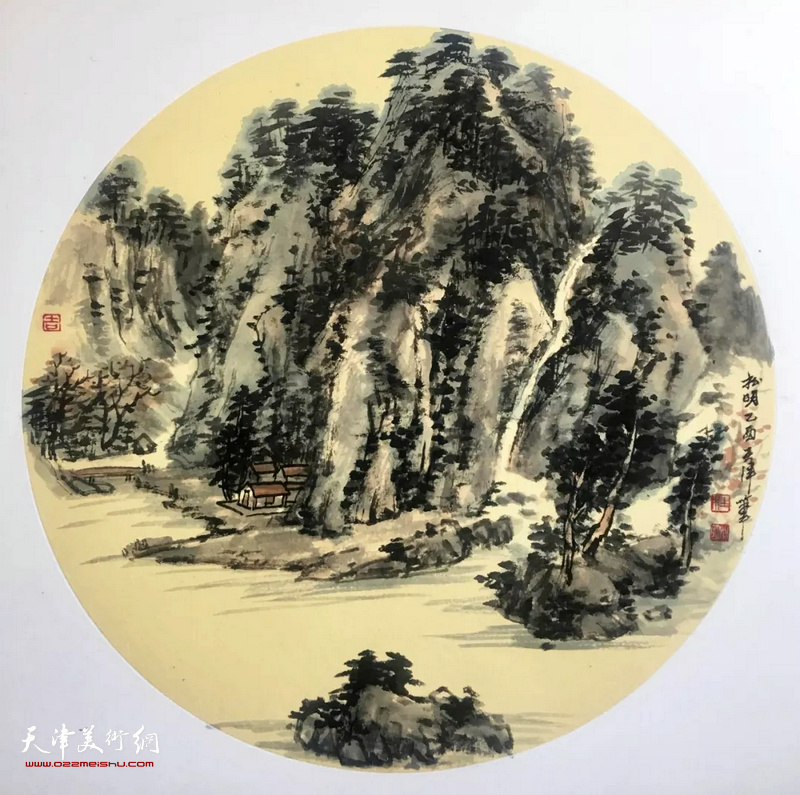 杜森《山水》墨纸圆光 