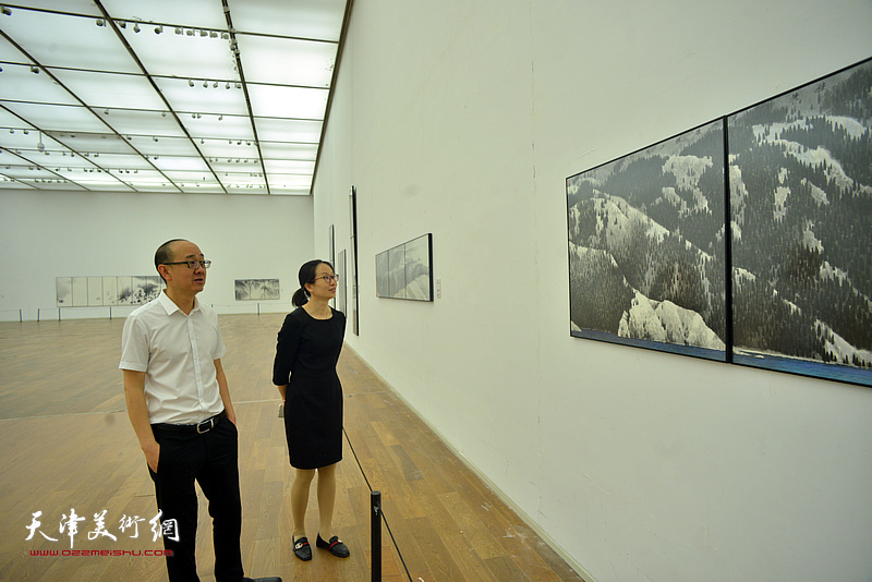 马驰、李颖在展览现场观看作品。