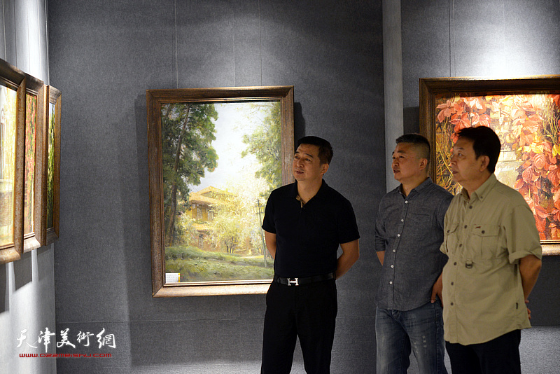 华绍栋、汪勇、窦洪伟在画展现场观看作品。