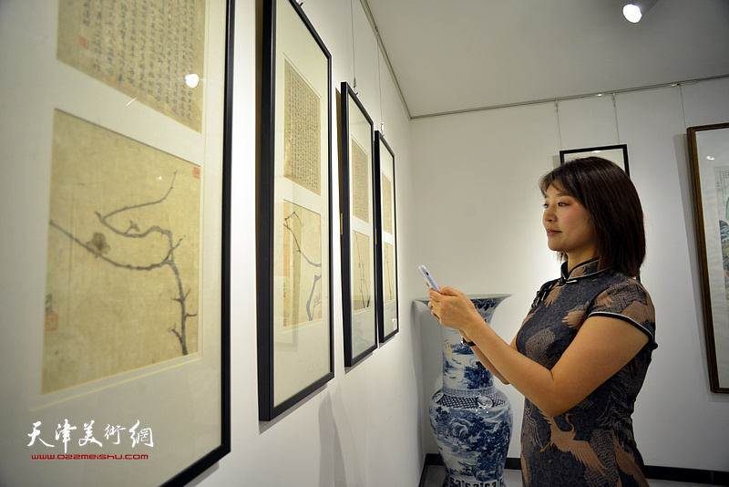 何艳萍在画展现场观看作品。