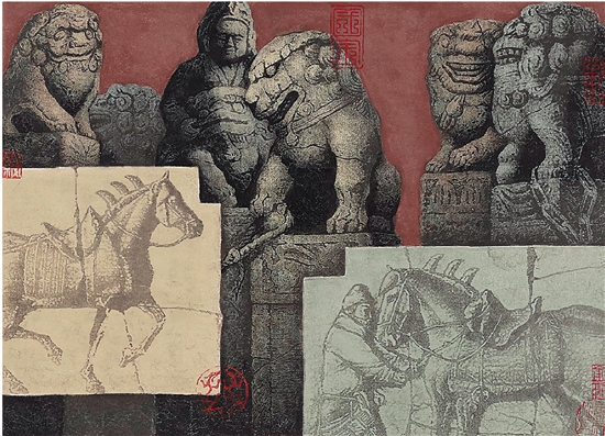 俞启慧 瑰宝XI拴马桩与马 水印彩拓版画 41.5×54.6cm 1997年