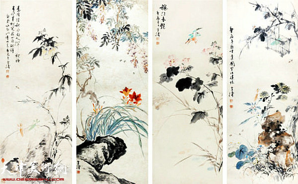 王雪涛（1903-1982）花卉草虫四屏