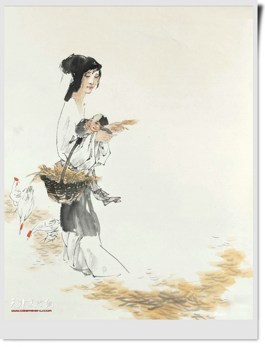 王金厚《观刈麦》作品：复有贫妇人，抱子在其旁，右手秉遗穗，左臂悬敝筐。