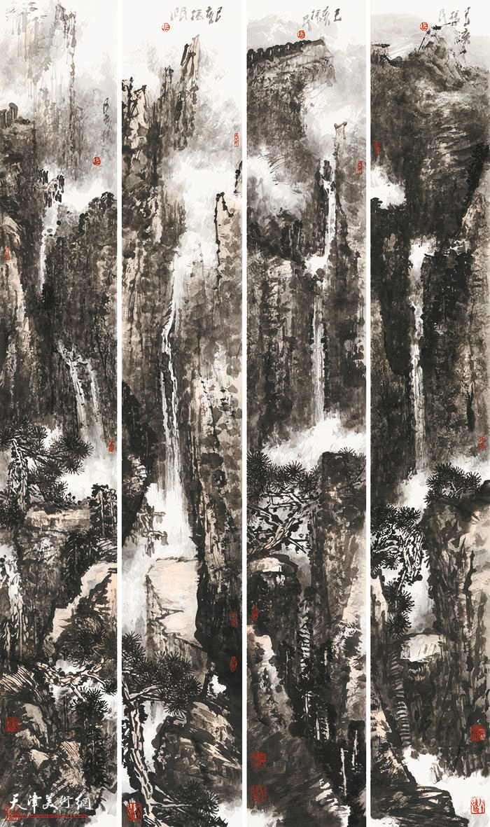 高山流水（四扇屏）纪振民作180cm×27cm×4，2019 年